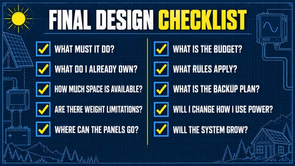 Ten-question checklist for identifying solar system purpose, equipment, space, weight, location, budget, rules, backup, energy use and future growth
