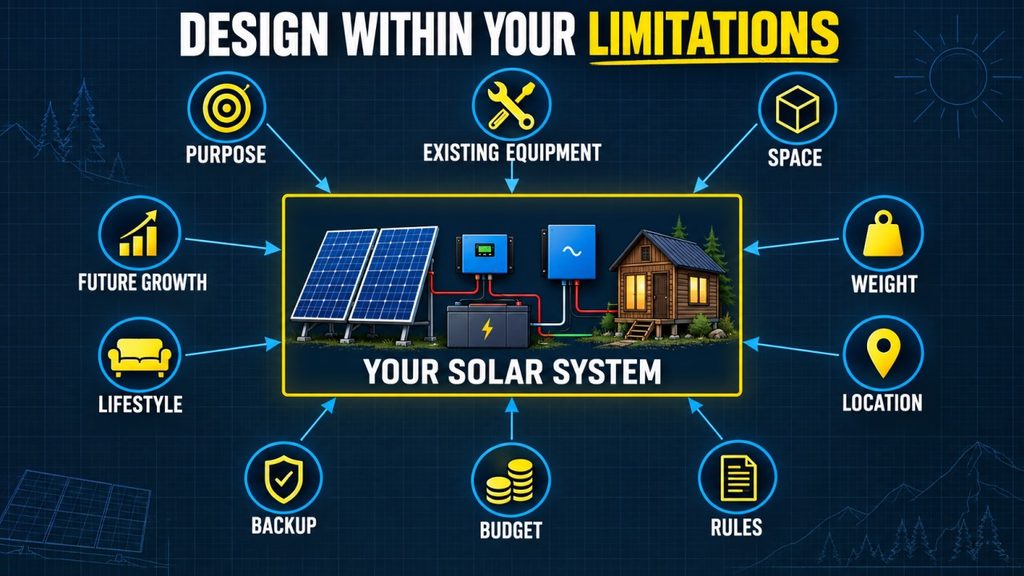 Solar system design box surrounded by limits including purpose, equipment, space, weight, location, budget, rules, backup, lifestyle and future growth