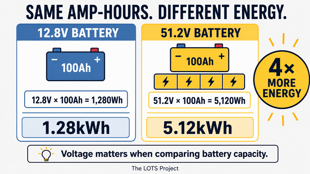 Comparison of 12.8V and 51.2V 100Ah batteries showing different stored energy