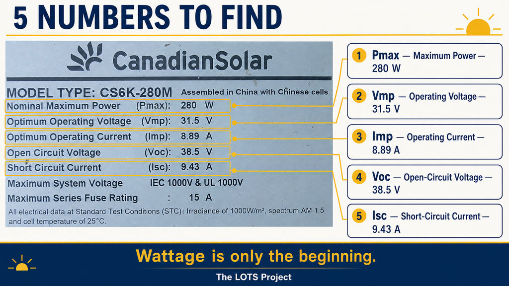 Canadian Solar panel label highlighting Pmax, Vmp, Imp, Voc and Isc