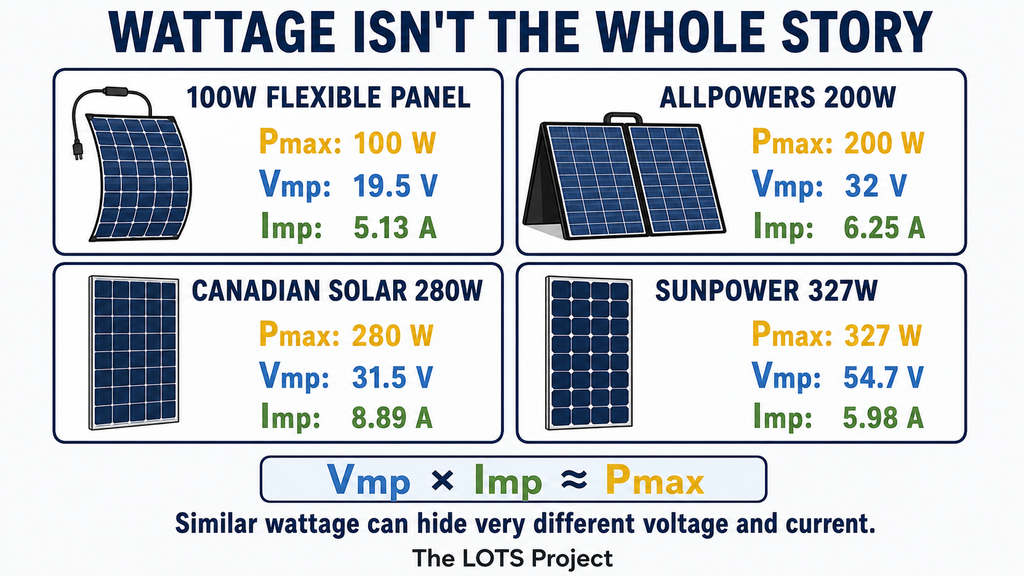 Comparison of four solar panels showing different Pmax, Vmp and Imp specifications