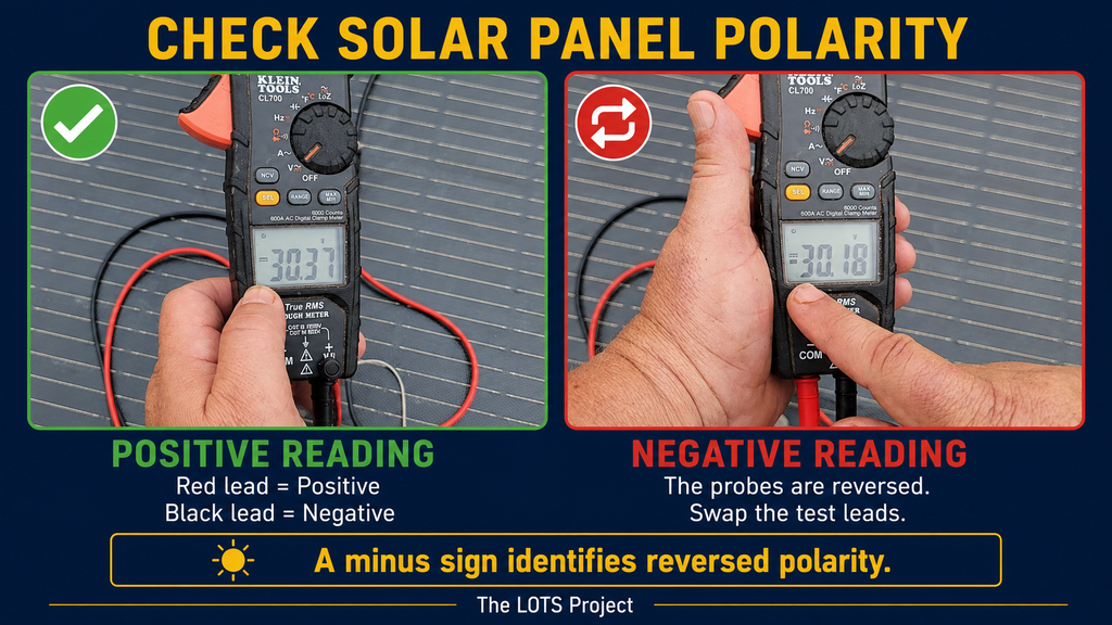 Multimeter showing correct and reversed solar panel polarity readings
