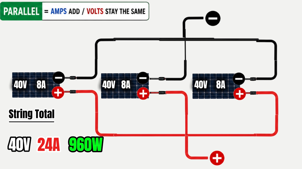 Three 40-volt 8-amp solar panels wired in parallel producing 40 volts at 24 amps