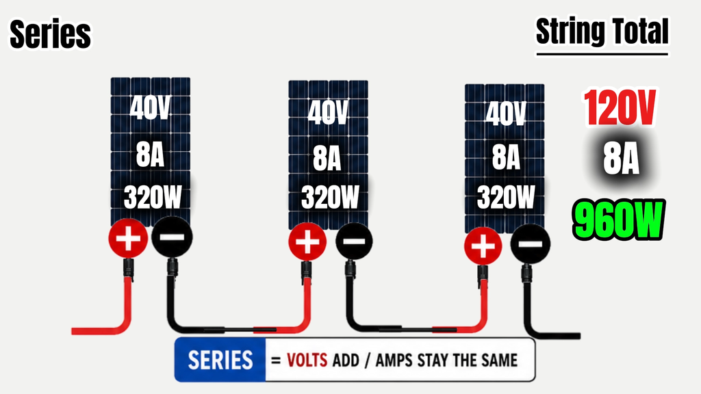 Three 40-volt 8-amp solar panels wired in series producing 120